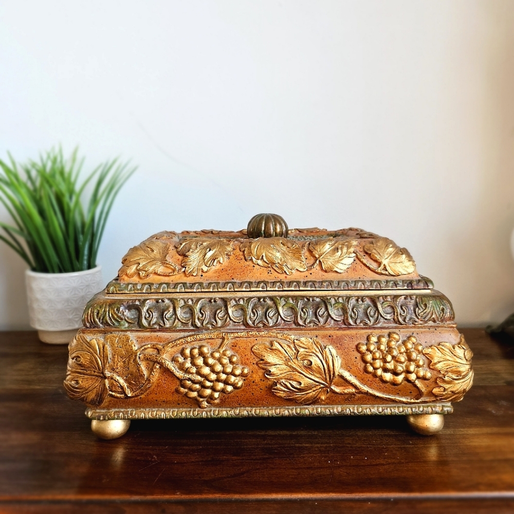 Victorian Rare Ornate Luxurious Gold Trinket Memory/ Jewelry Box Grape Leaves